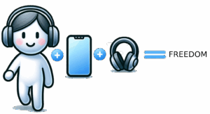 Illustration showing person with phone and headphones for audio tours